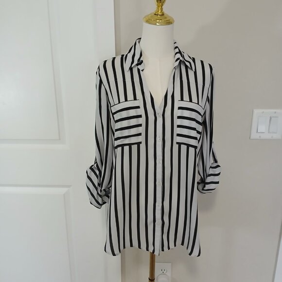 Express Portofino Shirt Women’s Medium Black White Stripe Button Front Blouse - Picture 4 of 8